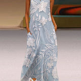Meliora™ printed maxi dress, sleeveless with blue floral pattern and round neckline