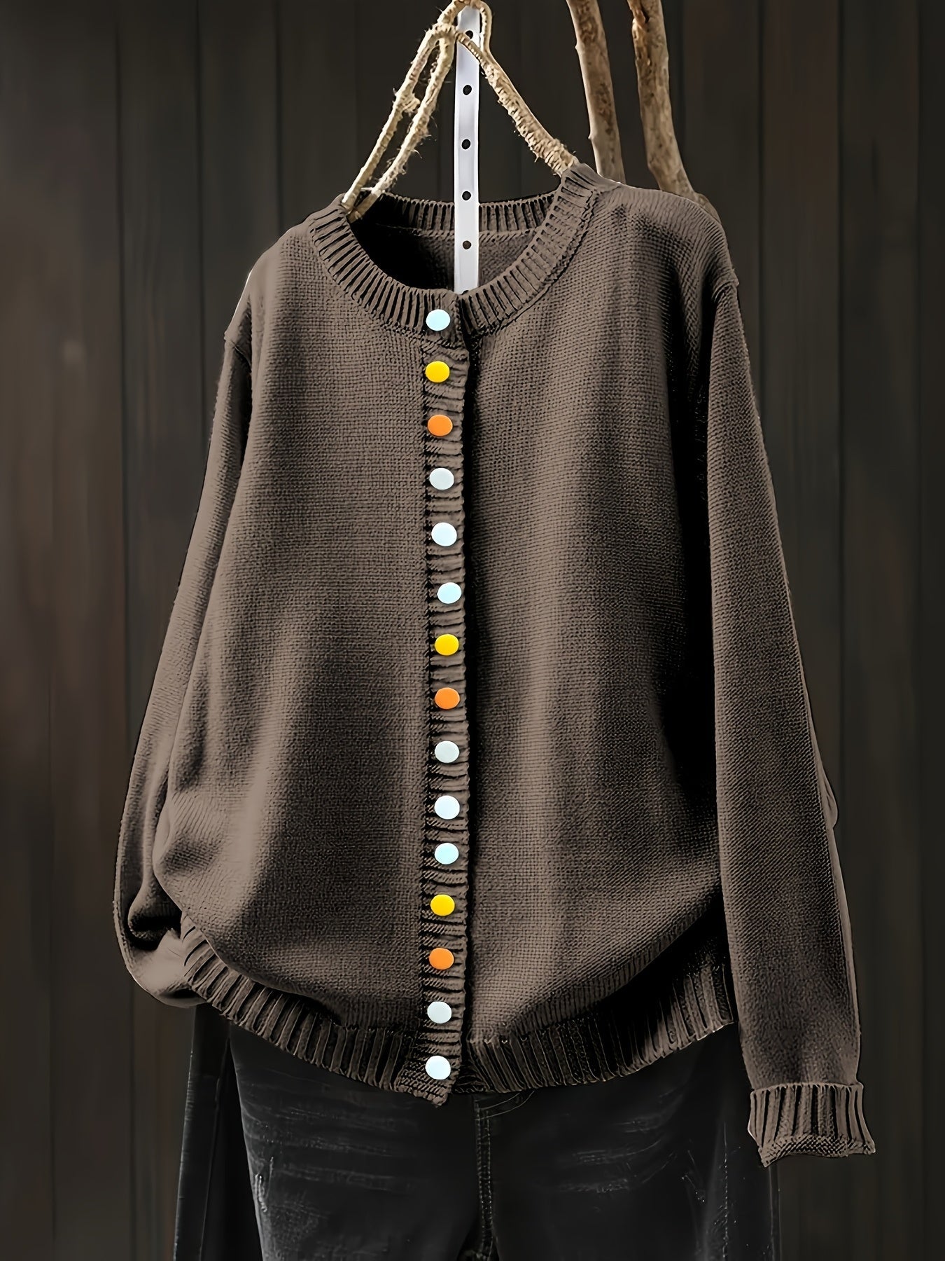 Brown cardigan sweater with multicolor button front and ribbed crew neckline