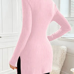 Ribbed knit turtleneck sweater in light pink, fitted long sleeves with side slit