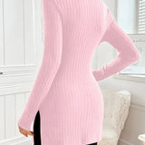 Ribbed knit turtleneck sweater in light pink, fitted long sleeves with side slit