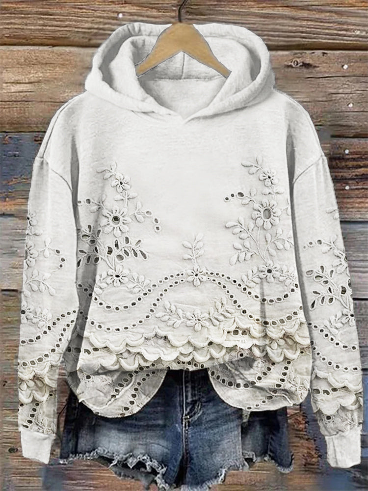 Ravella™ vintage printed hoodie in cream with floral eyelet detailing