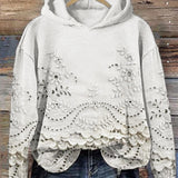 Ravella™ vintage printed hoodie in cream with floral eyelet detailing