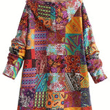 Remi™ patchwork jacket hood detail with beige sherpa trim and colorful fabric panels