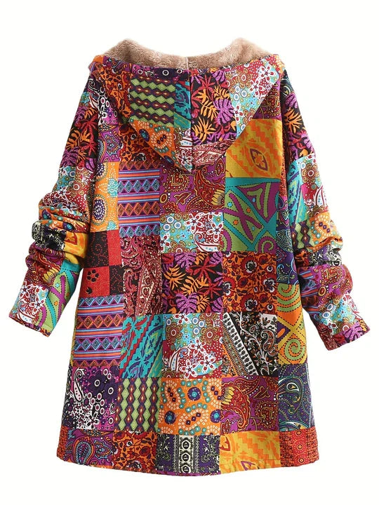 Remi™ patchwork jacket hood detail with beige sherpa trim and colorful fabric panels