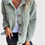 Green sherpa jacket with button front and flap pockets