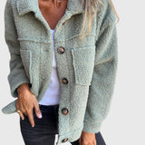Green sherpa jacket with button front and flap pockets
