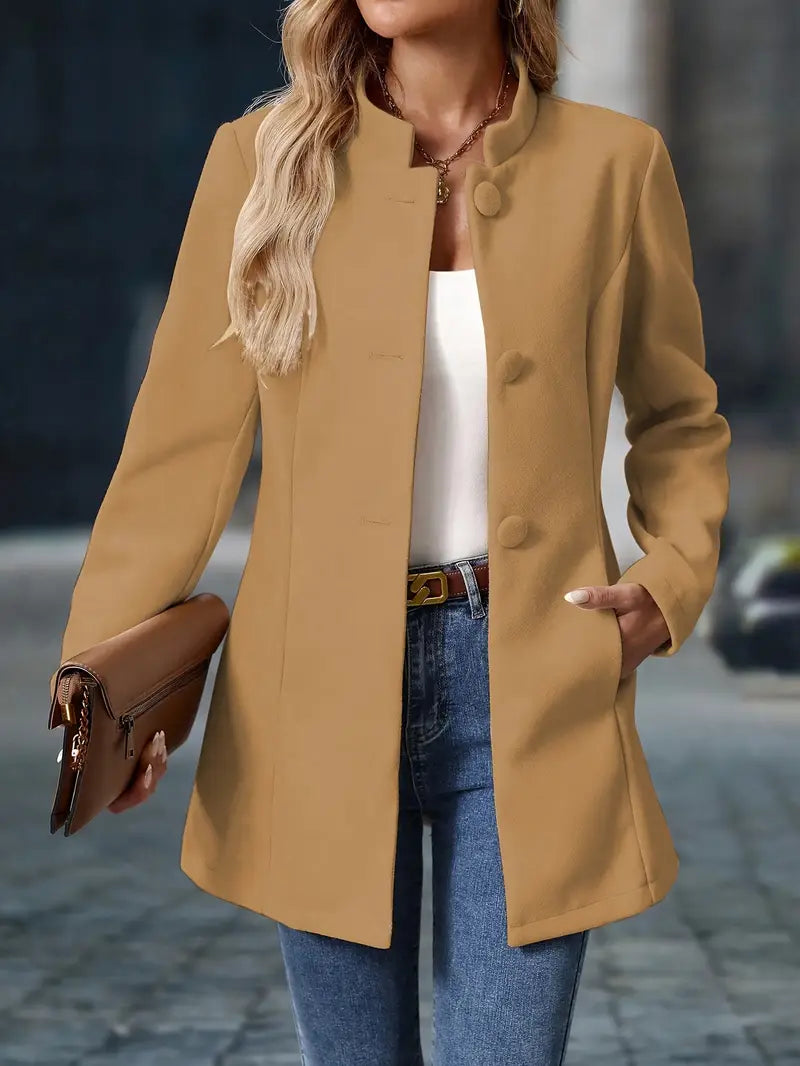 Camel blazer jacket with notch lapel, button front, long sleeves, curved hem