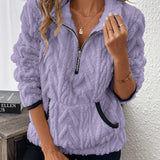 Lavender fuzzy quarter-zip pullover with short sleeves and navy-trim accents