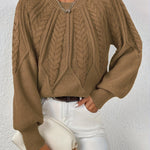 Camel cable-knit long-sleeve pullover with half-zip neckline and ribbed cuffs