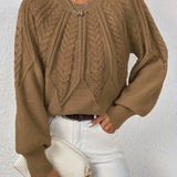 Camel cable-knit long-sleeve pullover with half-zip neckline and ribbed cuffs