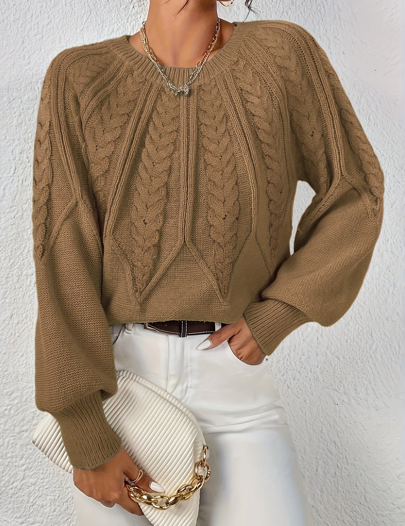 Camel cable-knit long-sleeve pullover with half-zip neckline and ribbed cuffs