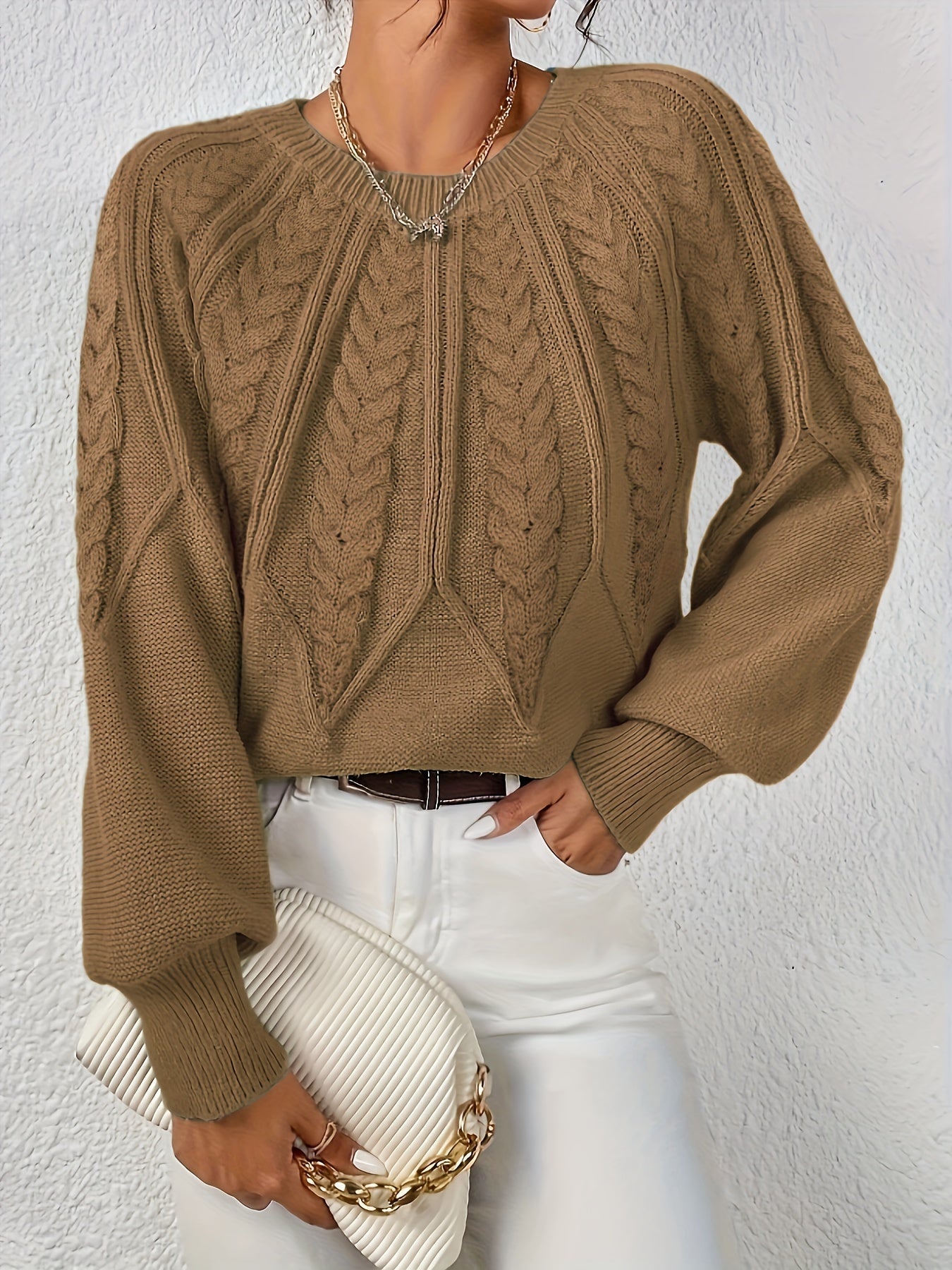 Camel cable-knit long-sleeve pullover with half-zip neckline and ribbed cuffs