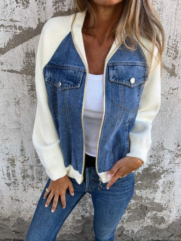 Madison™ cotton zipper jacket, blue denim front with cream contrast sleeves