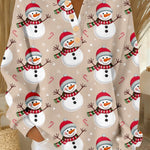 Cream long-sleeve button-front top with allover snowman print and crew neckline.