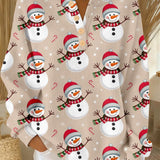 Cream long-sleeve button-front top with allover snowman print and crew neckline.