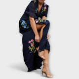 Béatrice - Elegante marineblaue Kleider mit floraler Stickerei