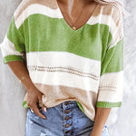 Olga™ striped V-neck pullover sweater, green, gray, and white stripes