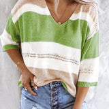 Olga™ striped V-neck pullover sweater, green, gray, and white stripes