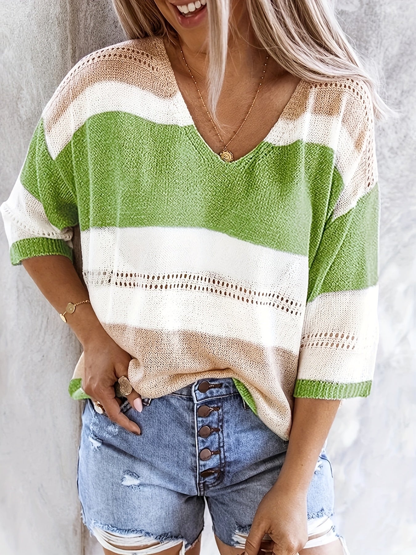 Olga™ striped V-neck pullover sweater, green, gray, and white stripes