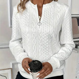 Women\u2019s half-zip cable-knit pullover sweater in white with long sleeves