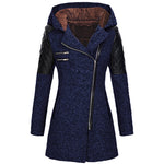 Womens winter parka coat, navy blue heather, faux fur-lined hood, quilted sleeve panels