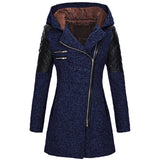 Womens winter parka coat, navy blue heather, faux fur-lined hood, quilted sleeve panels