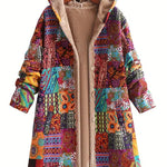 Remi™ patchwork jacket with hood and beige sherpa lining, long sleeves and side pockets