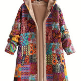Remi™ patchwork jacket with hood and beige sherpa lining, long sleeves and side pockets