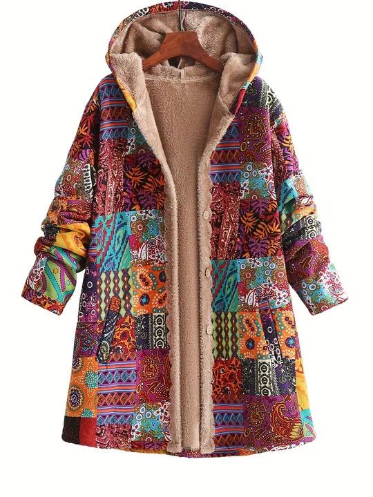 Remi™ patchwork jacket with hood and beige sherpa lining, long sleeves and side pockets