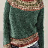 Womens green knit pullover with crew neck, long sleeves, multicolor patterned yoke and hem trim