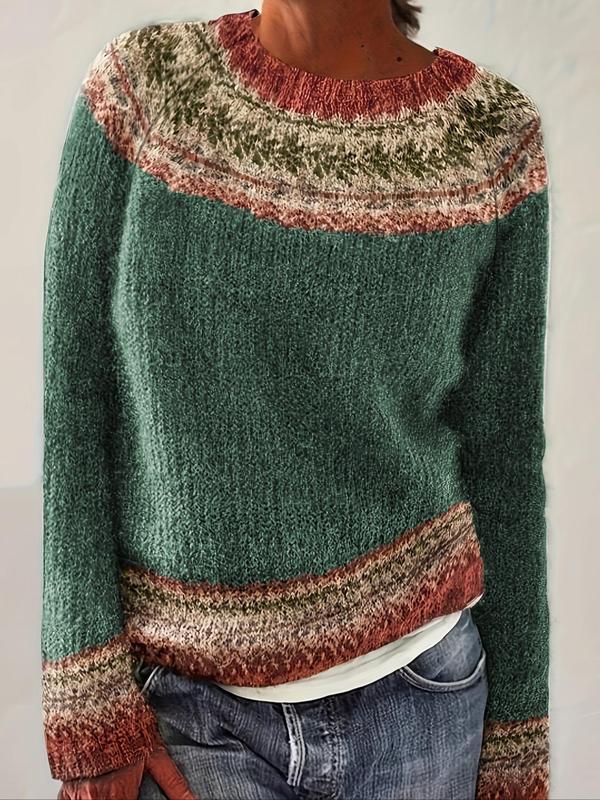 Womens green knit pullover with crew neck, long sleeves, multicolor patterned yoke and hem trim