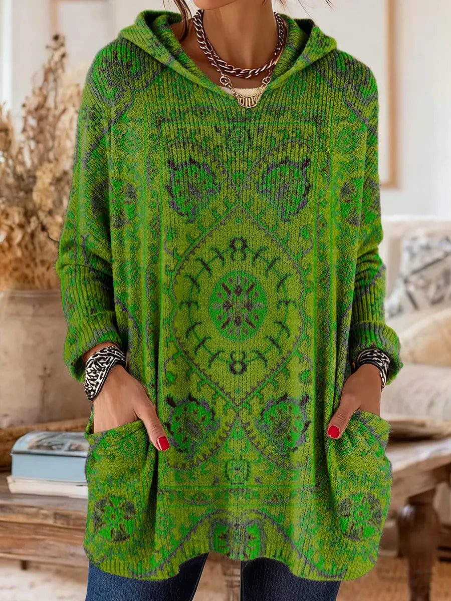 Vintage-inspired hooded knit tunic with front pockets, green multicolor ethnic print