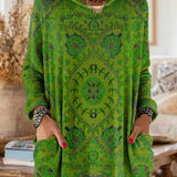 Vintage-inspired hooded knit tunic with front pockets, green multicolor ethnic print