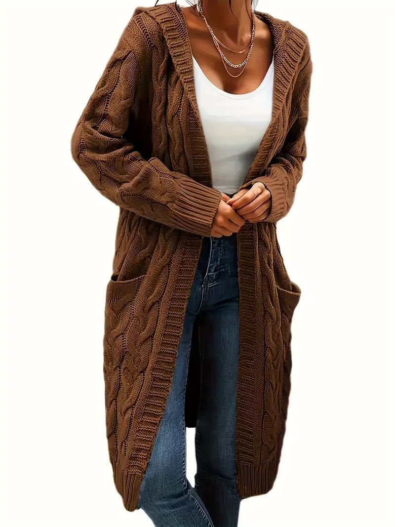 Brown cable-knit long cardigan, open front, long sleeves