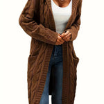 Brown cable-knit long cardigan, open front, long sleeves