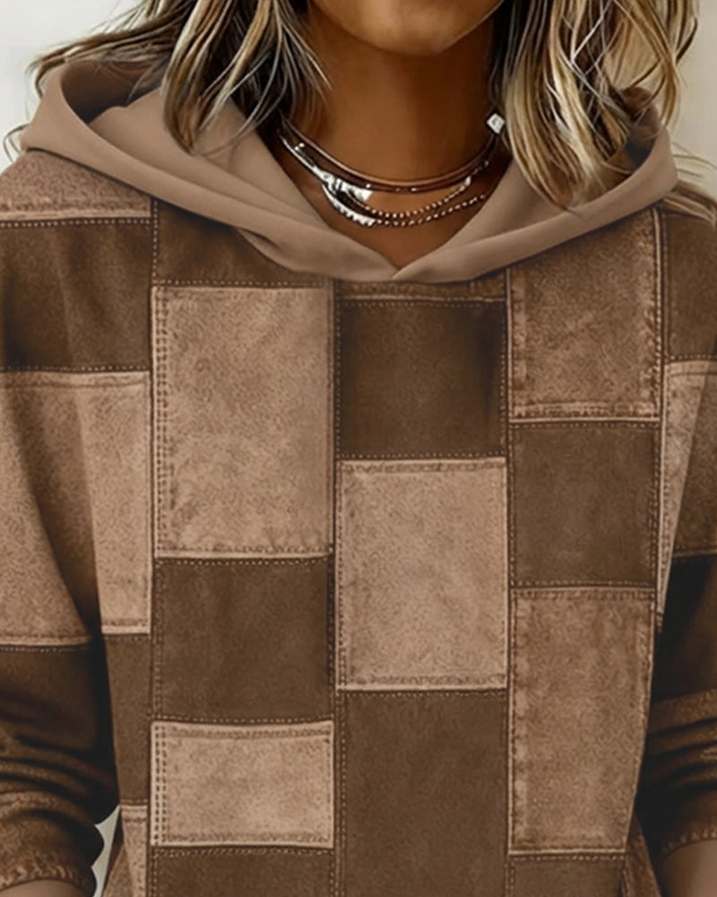Schicker long-sleeve plaid hoodie in brown with hood and front pocket