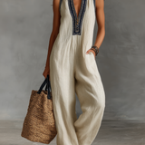 Minimalistischer, ärmelloser Damen-Jumpsuit mit Reißverschluss und Stehkragen, verziert mit Stickereien
