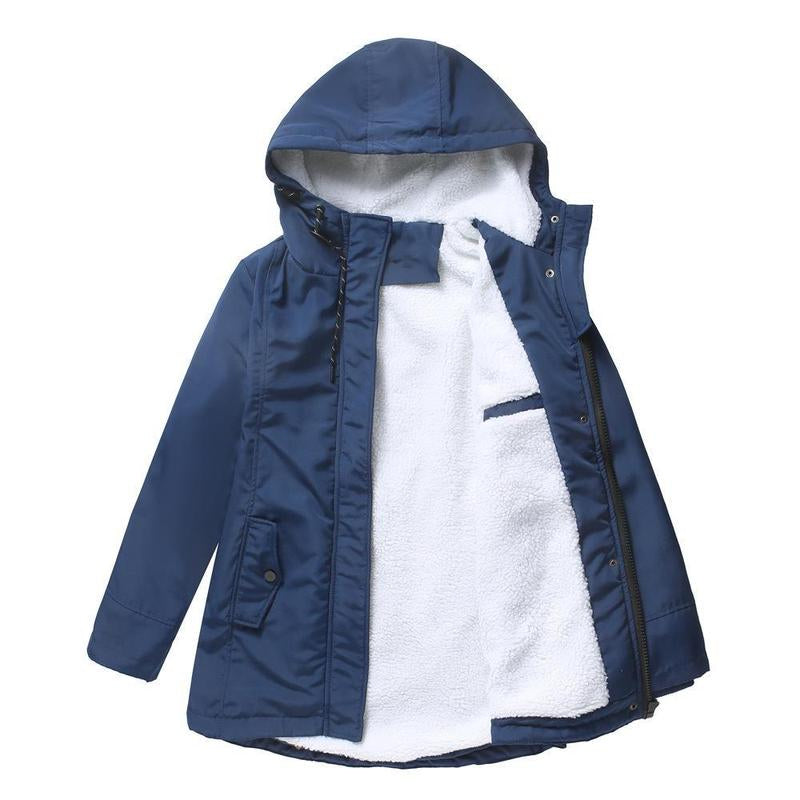 Insulated winter jacket with hood, navy-blue shell, plush fleece lining, front zipper