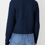 Navy textured knit cardigan, back view with long sleeves and ribbed hem