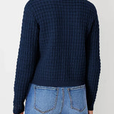 Navy textured knit cardigan, back view with long sleeves and ribbed hem