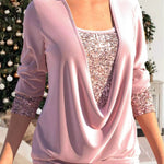 Lavender glitter sequin top with draped V-neck and long sleeves