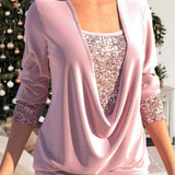 Lavender glitter sequin top with draped V-neck and long sleeves