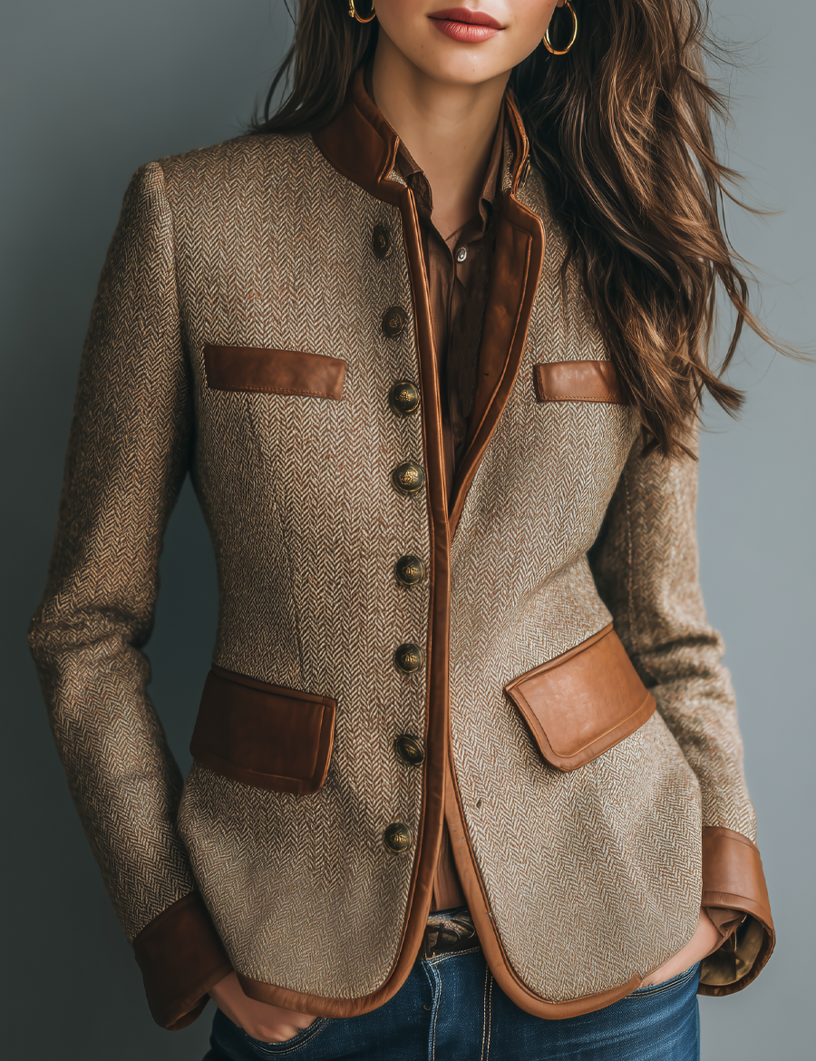 Brown vintage-style jacket with leather trim, button front, flap pockets