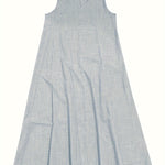 Rosie™ V-neck sleeveless tank dress in light blue-gray linen-look fabric with pleated skirt