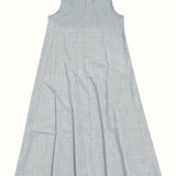 Rosie™ V-neck sleeveless tank dress in light blue-gray linen-look fabric with pleated skirt