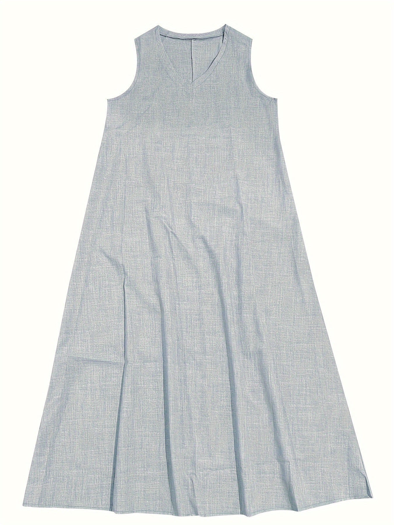 Rosie™ V-neck sleeveless tank dress in light blue-gray linen-look fabric with pleated skirt