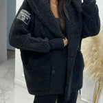 Plush hooded jacket, black, long sleeves with button-front and hood