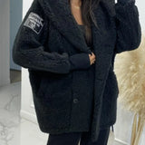 Plush hooded jacket, black, long sleeves with button-front and hood