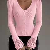 Pink ribbed V-neck top with button front and lace-trim bell cuffs