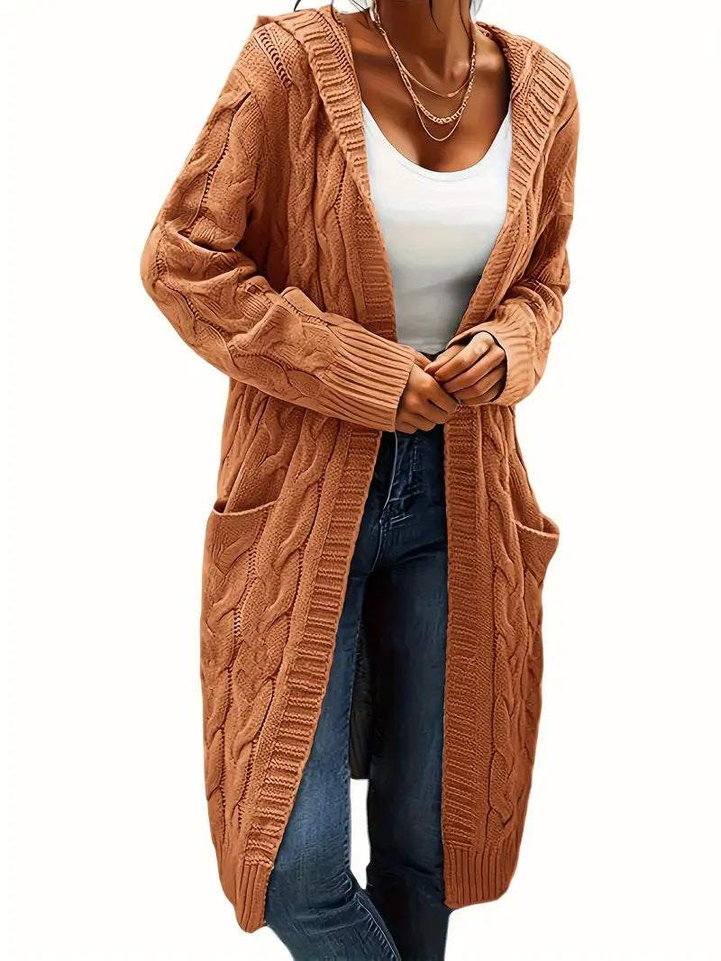 Women’s longline cable knit cardigan in tan, open front with shawl collar